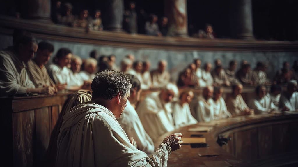 A speaker addresses the benches on the floor of a Roman Senate chamber.